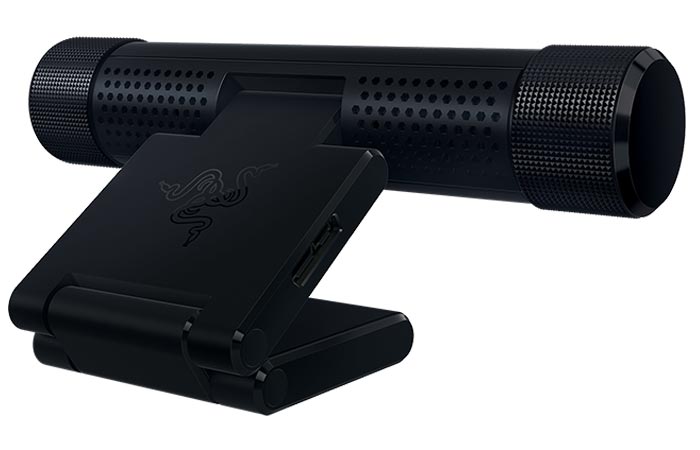 Razer Stargazer RealSense 3D Camera, back view, tilted, on a white background.