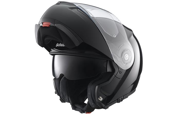 Black helmet with an open front end captured from an angle. 