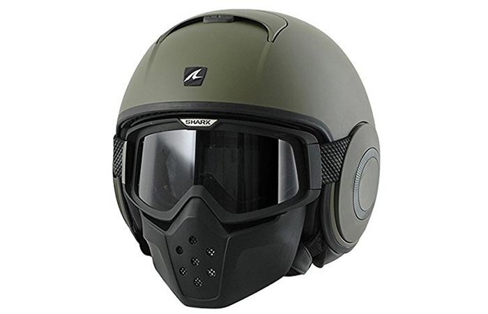 Green helmet captured from the front. 
