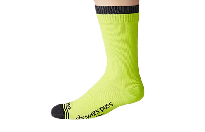 Showers Pass Waterproof Crew Sock, neon yellow side view, on a white background.