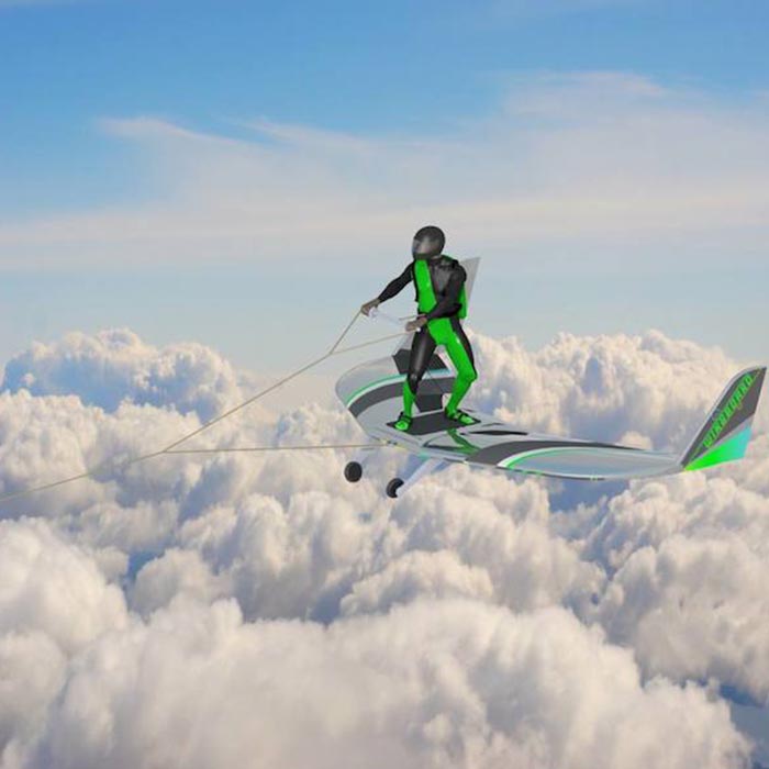 Guy wingboarding above the clouds. 