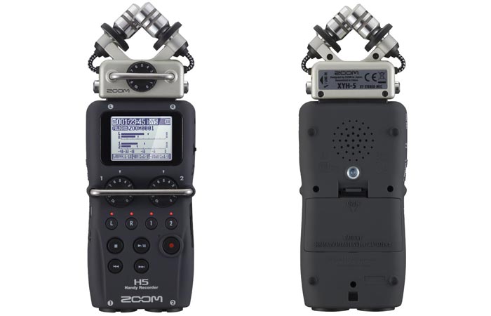 Zoom H5 Four-Track Portable Recorder, front and back view, on a white background.