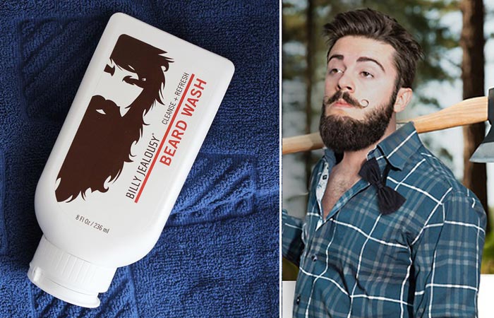 Billy Jealousy Beard Wash lotion tilted on a blue towel and a bearded man in a green shirt carrying an axe in the woods.