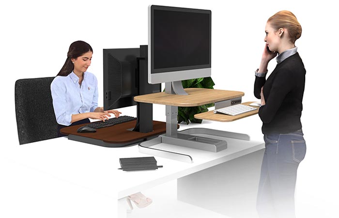 Two women working on computers placed on Crossover Motorized Standing Desks, sitting down and standing up, facing each other.