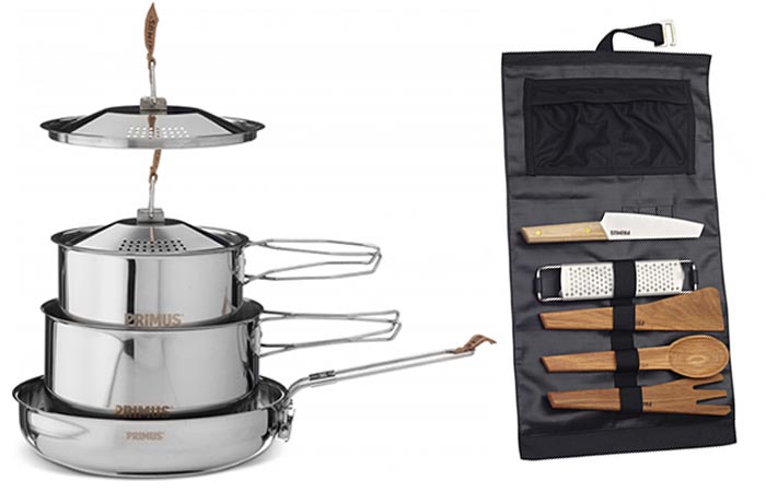 Primus Campfire Cookset, Small, and Campfire Prep Set, on a white background.