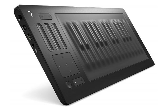 Roli Seaboard Rise, tilted side view, on a white background.