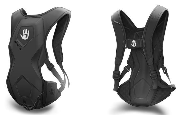 SubPac M2 front view, tilted, and back view, on a white background.