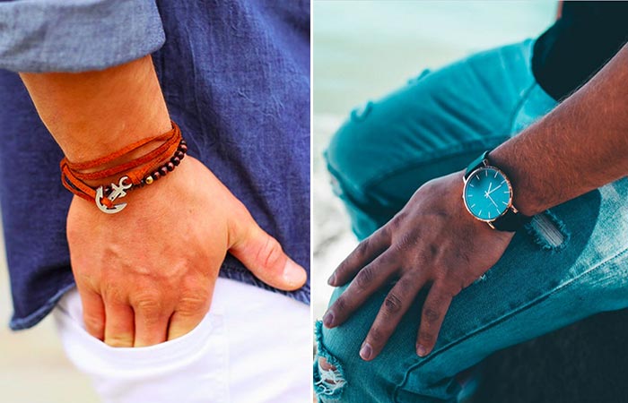 Thread Etiquette Chestnut Leather Anchor Bracelet and Classic – Rose Gold / Black Leather Timepiece worn on the hands of two people, first in white jeans and blue shirt, the other in blue jeans and black shirt, side view.