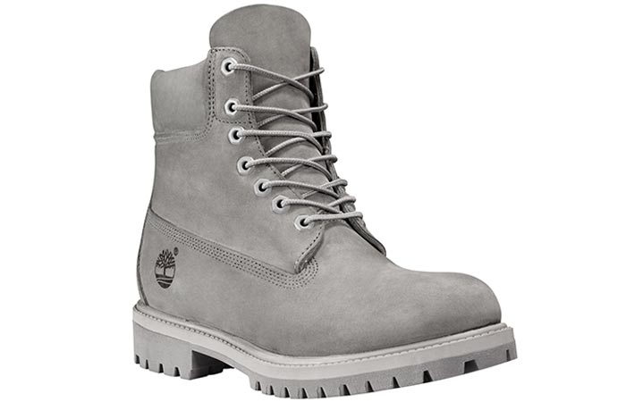 Timberland 6 inch Mono Grey Boot, tilted front view, on a white background. 