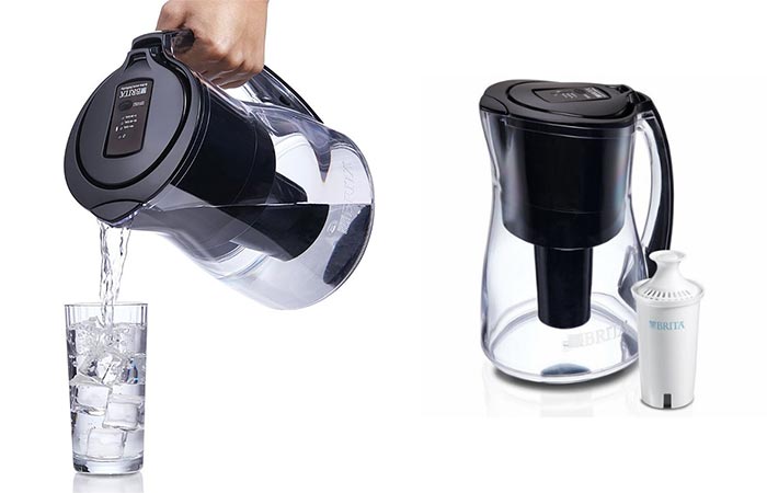 Pouring Water From Brita Infinity Smart Water Pitcher And A Filter Placed Next To The Pitcher