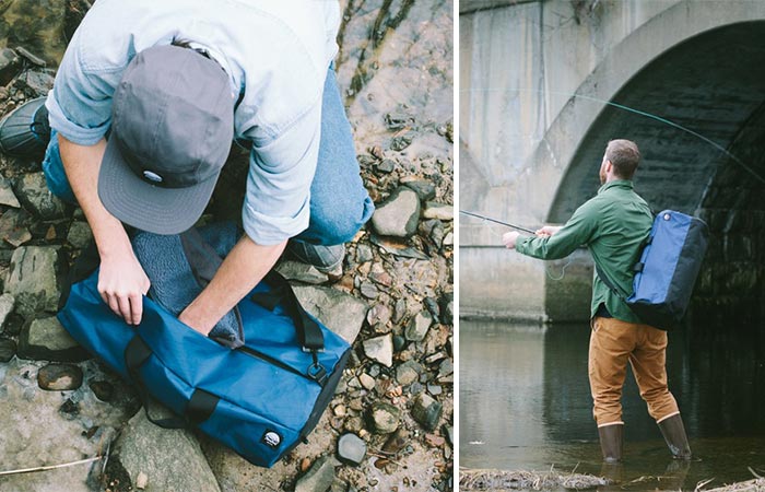 Two Images Of A Guy Using Blue Stormproof Duffle