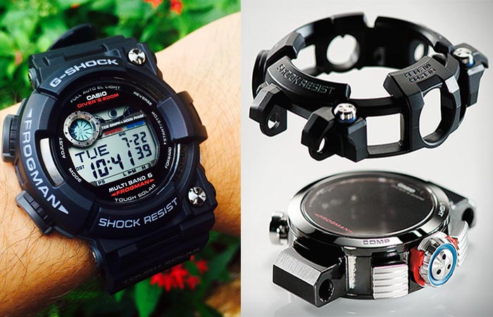 G-Shock Frogman being worn on wrist and a picture of the internals