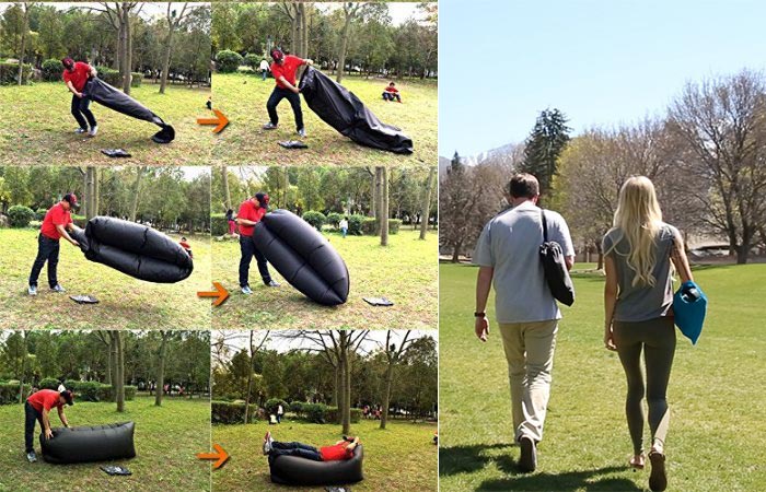 Steps on how to set up the Wasing Inflatable lounger and people carrying it.