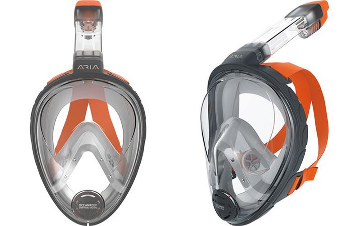 Ocean Reef Aria Full Face Snorkel Mask From The Front And Side