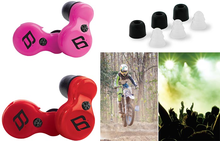 Red and Pink H2P earbuds as well as the different soft tips and pictures of a concert and a man riding a scrambler