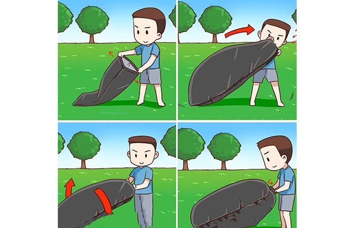 Cartoon that shows how to inflate the SENQIAO lounger