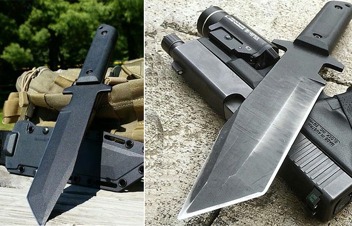 Two different views of the Cold Steel GI Tanto with it's sheath and on top of a pistol