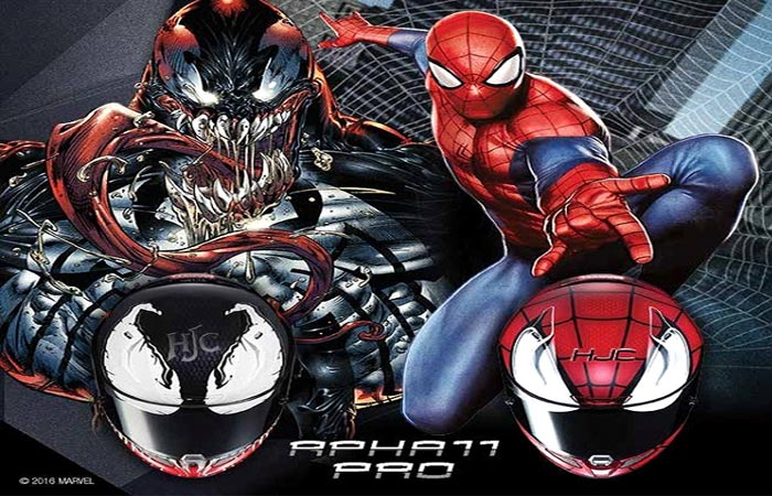 HJC cover art for spiderman and venom helmets