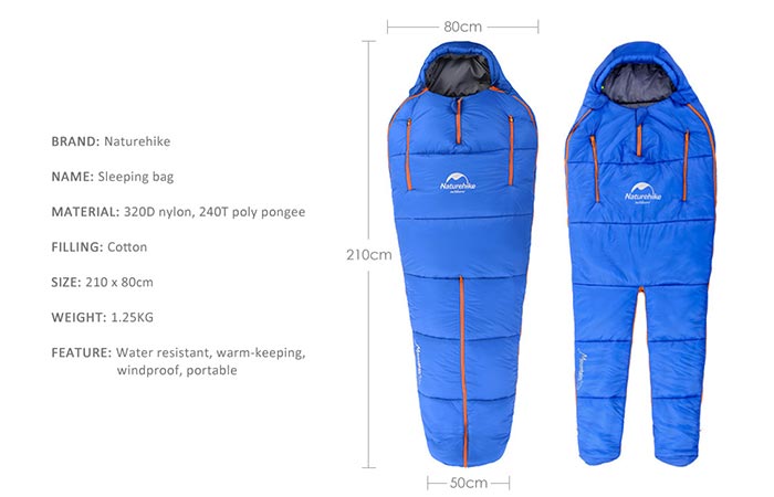 Naturhike Sleeping Bag materials and size measurements