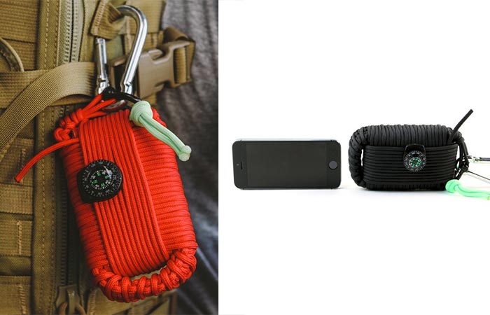 Survival Grenade attached to a backpack and one next to a smartphone