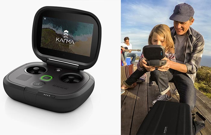 GoPro Karma Controller by itself and a photo of a young girl using it.