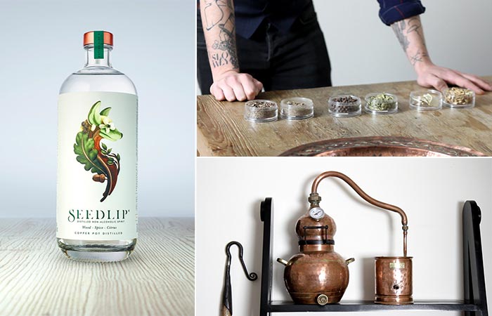 Seedlip Bottle, A Guy With Six Herb Blends On The Table And Old Distillery Equipment