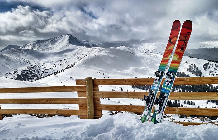 Liberty Origin Skis in a mountainous area
