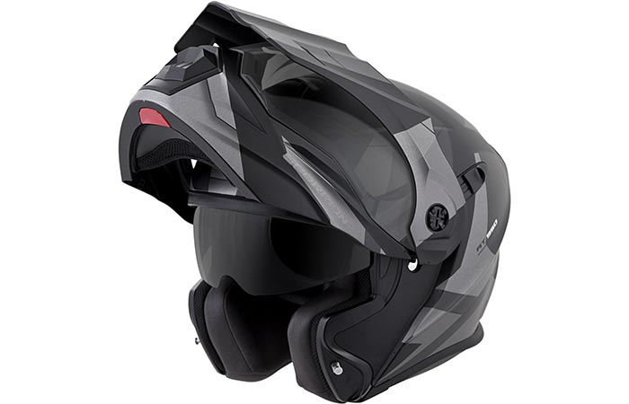 Scorpion EXO-AT950 Motorcycle Helmet with modular chin bar lifted