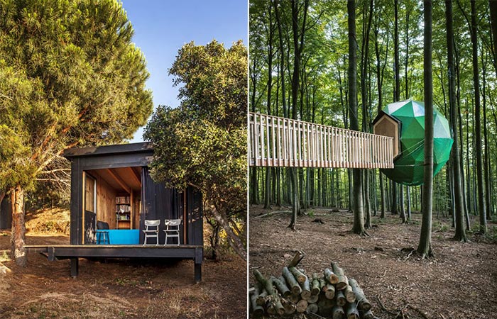 Two images of cabins in the woods