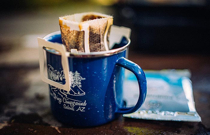 Coffee made in a blue mug.