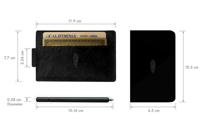 Dimensions of the Inscribe Wallet, notepad and pen
