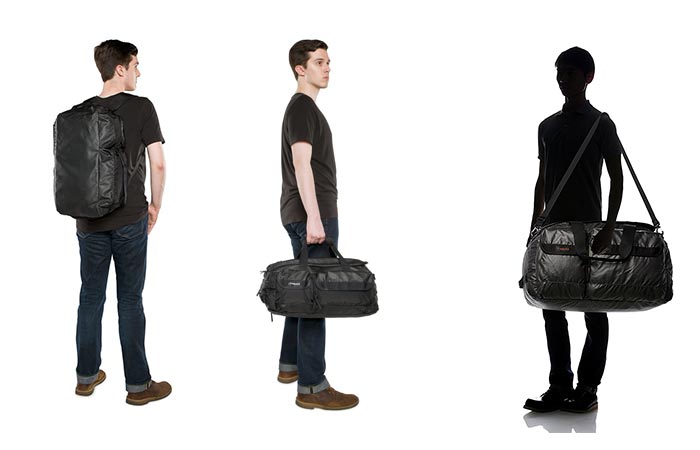 Timbuk2 Navigator Duffel being carried in different ways.