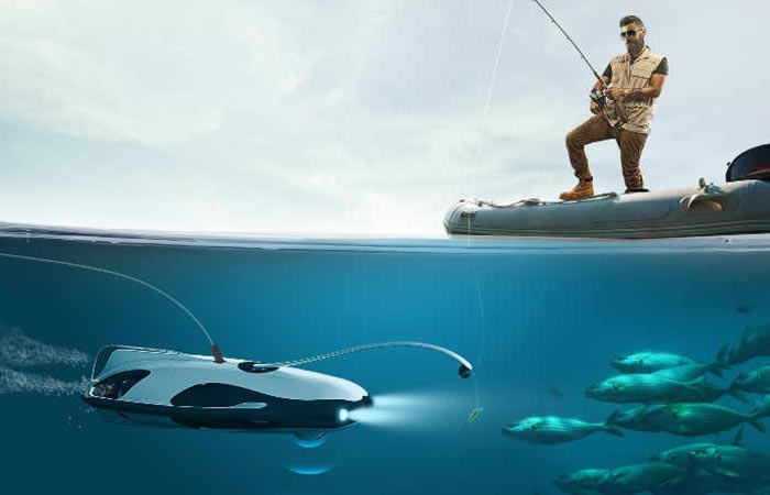PowerRay Underwater Robot being used by man to catch fish