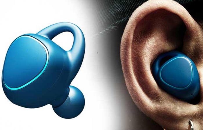 Samsung Gear IconX Fitness Earbuds blue by itself and in a man's ear
