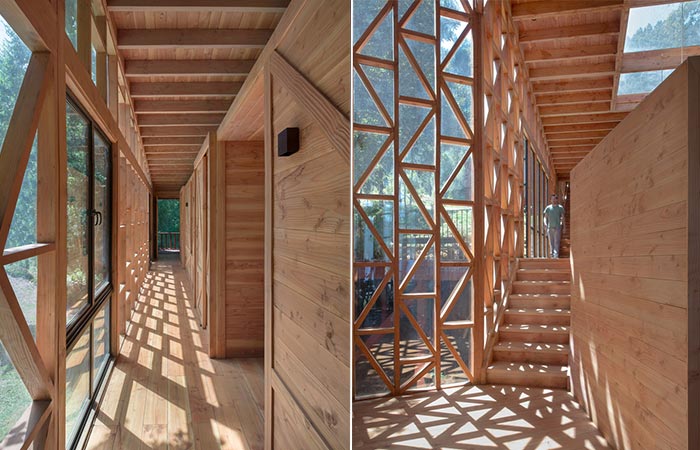two images of wooden hallways