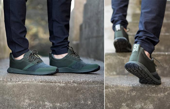 two images of olive athletic shoes