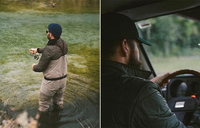 a guy fishing and a guy driving wearing Duckworth WoolCloud Snap Shirt