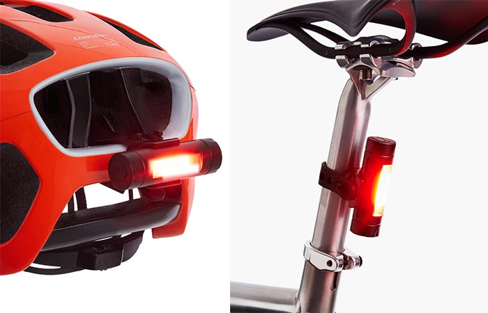 Fabric FLR30 Bicycle Brake Light mounted on a bicycle seat and the back of a helmet
