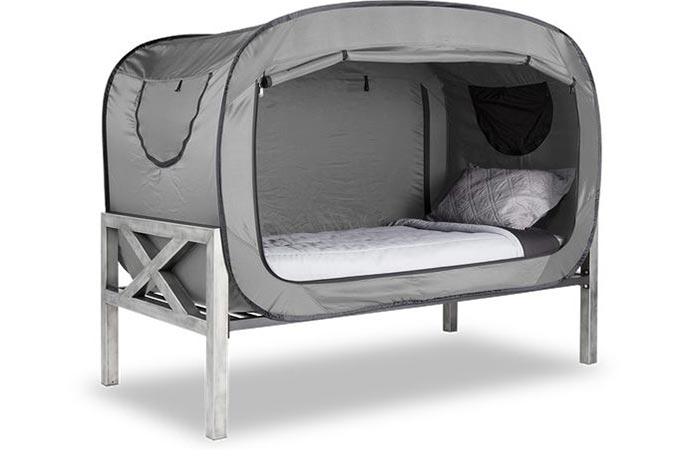 The Bed Tent in grey with the door rolled up