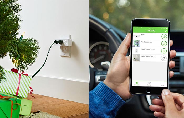 Wemo Mini Smart Plug connected to Christmas lights, and a view of the smartphone app.