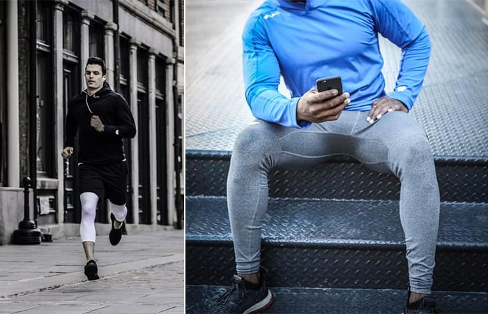 two images of guys ewaring compression tights
