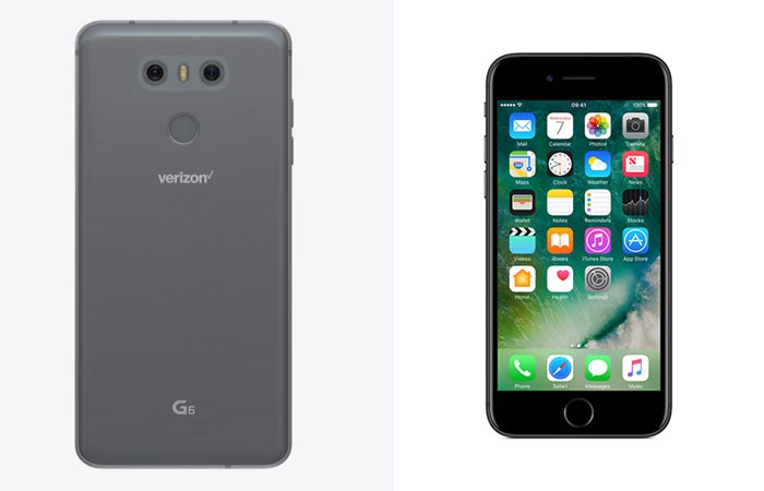 Back view of the G6 and front view of the iPhone 7