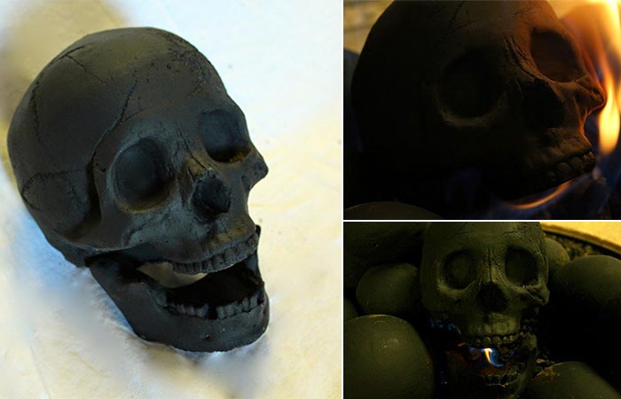 Three different views of the Skull Gas Fireplace Logs