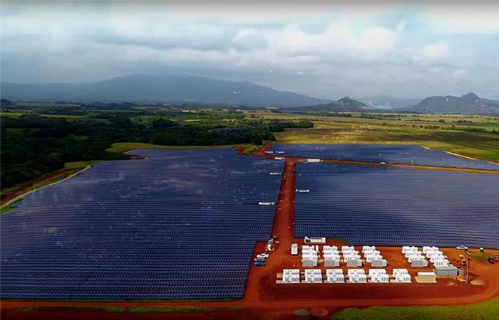 Aerial view of the solar panels at Tesla's Kauai Solar Farm.