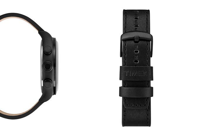 two images of details on black timex watch