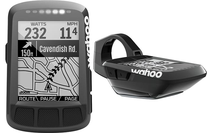 Two different views of the Wahoo Fitness ELEMNT BOLT Computer and a view of its GPS
