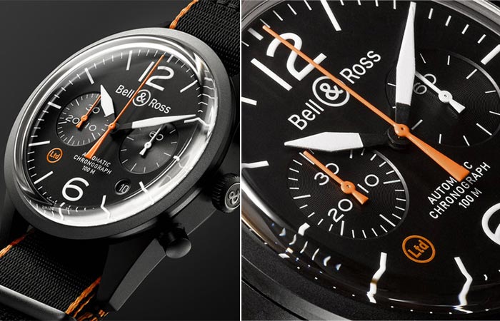 Two different close up views of the Bell & Ross BR 126 Chronograph dial
