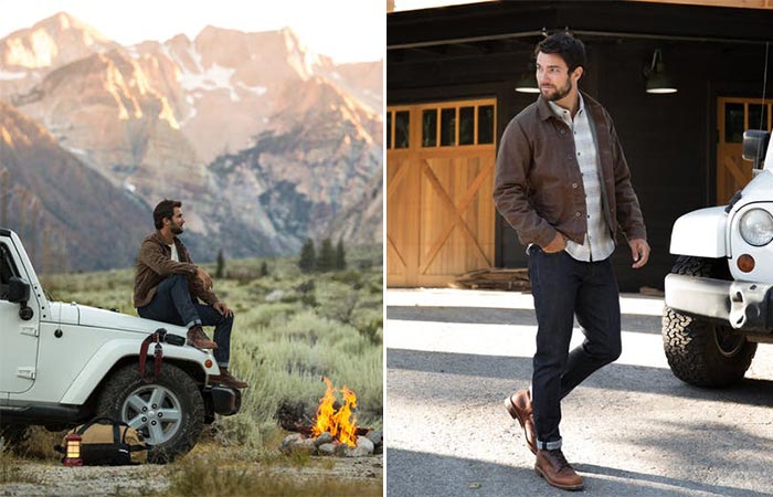 two images of a guy wearing Flint and Tinder Waxed Trucker Jacket