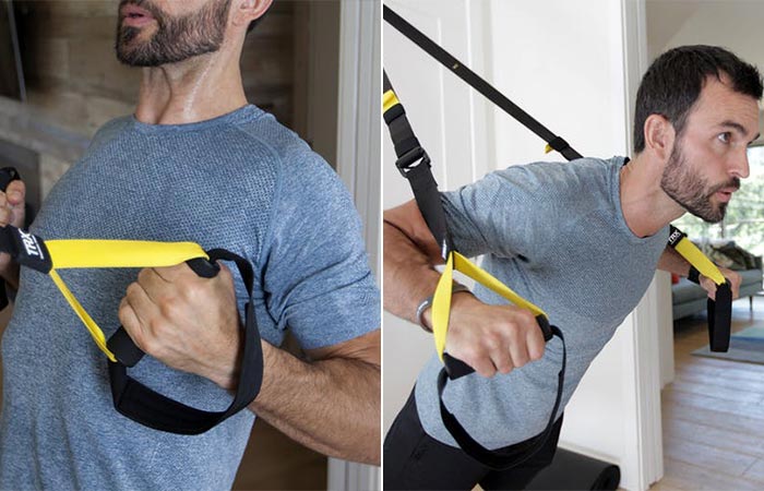 two images of a guy doing trx