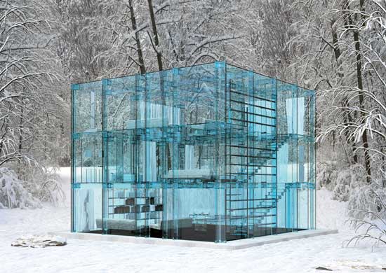 exterior view of glass home in winter